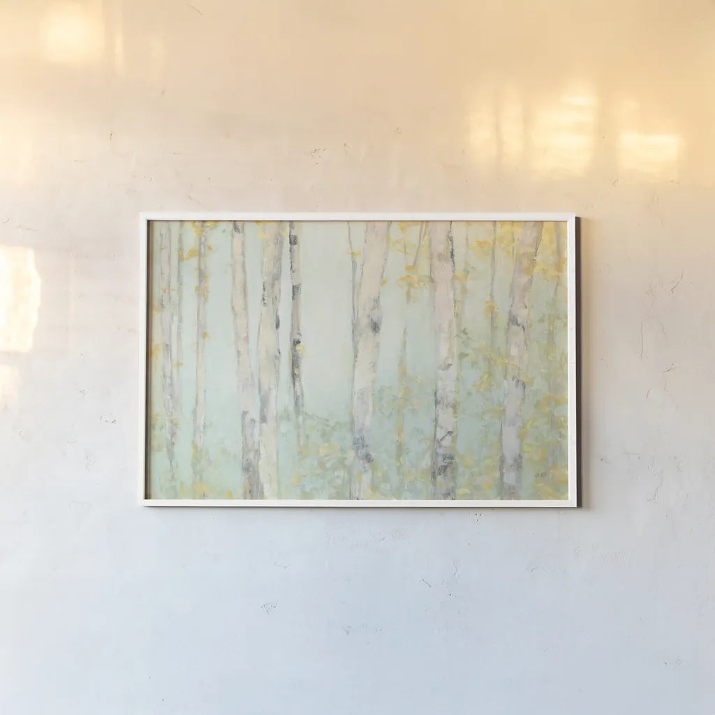 Spring Birches Crop by Julia Purinton. shown as a paper print in a white frame. Available as a archival giclee rolled canvas, fine art paper, or poster print. SKU 50295i.