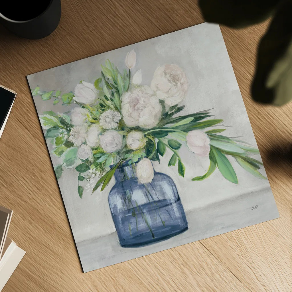Spring Bouquet Indigo by Julia Purinton. Shown as a detailed flat fine art print, highlighting archival giclee quality. Available as an archival giclee rolled canvas, fine art paper, or poster print. SKU 70953a.