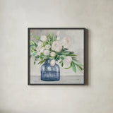 Spring Bouquet Indigo by Julia Purinton. Shown in a sleek black glass frame for a contemporary gallery look. Available as an archival giclee rolled canvas, fine art paper, or poster print. SKU 70953a.
