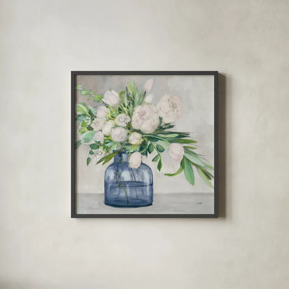 Spring Bouquet Indigo by Julia Purinton. Shown in a sleek black glass frame for a contemporary gallery look. Available as an archival giclee rolled canvas, fine art paper, or poster print. SKU 70953a.