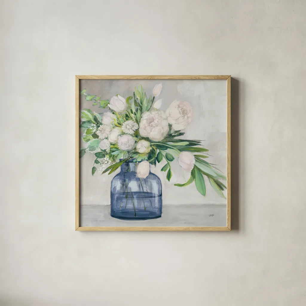 Spring Bouquet Indigo by Julia Purinton. Shown in a natural wood glass frame for a timeless modern aesthetic. Available as an archival giclee rolled canvas, fine art paper, or poster print. SKU 70953a.