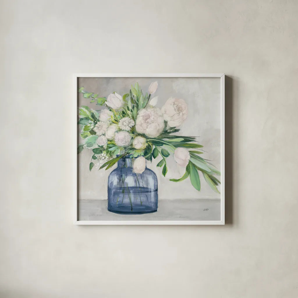 Spring Bouquet Indigo by Julia Purinton. Shown in a crisp white glass frame for a clean and minimalist style. Available as an archival giclee rolled canvas, fine art paper, or poster print. SKU 70953a.