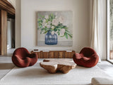 Spring Bouquet Indigo by Julia Purinton. Shown as extra-large giant wall art in a modern living room. Available as an archival giclee rolled canvas, fine art paper, or poster print. SKU 70953a.