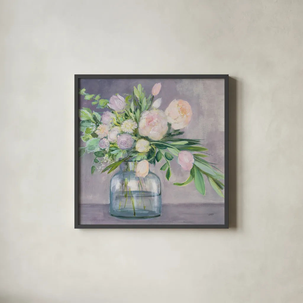 Spring Bouquet Plum Crop by Julia Purinton. Shown in a sleek black glass frame for a contemporary gallery look. Available as an archival giclee rolled canvas, fine art paper, or poster print. SKU 59553a.