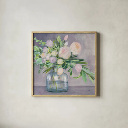 Spring Bouquet Plum Crop by Julia Purinton. Shown in a natural wood glass frame for a timeless modern aesthetic. Available as an archival giclee rolled canvas, fine art paper, or poster print. SKU 59553a.