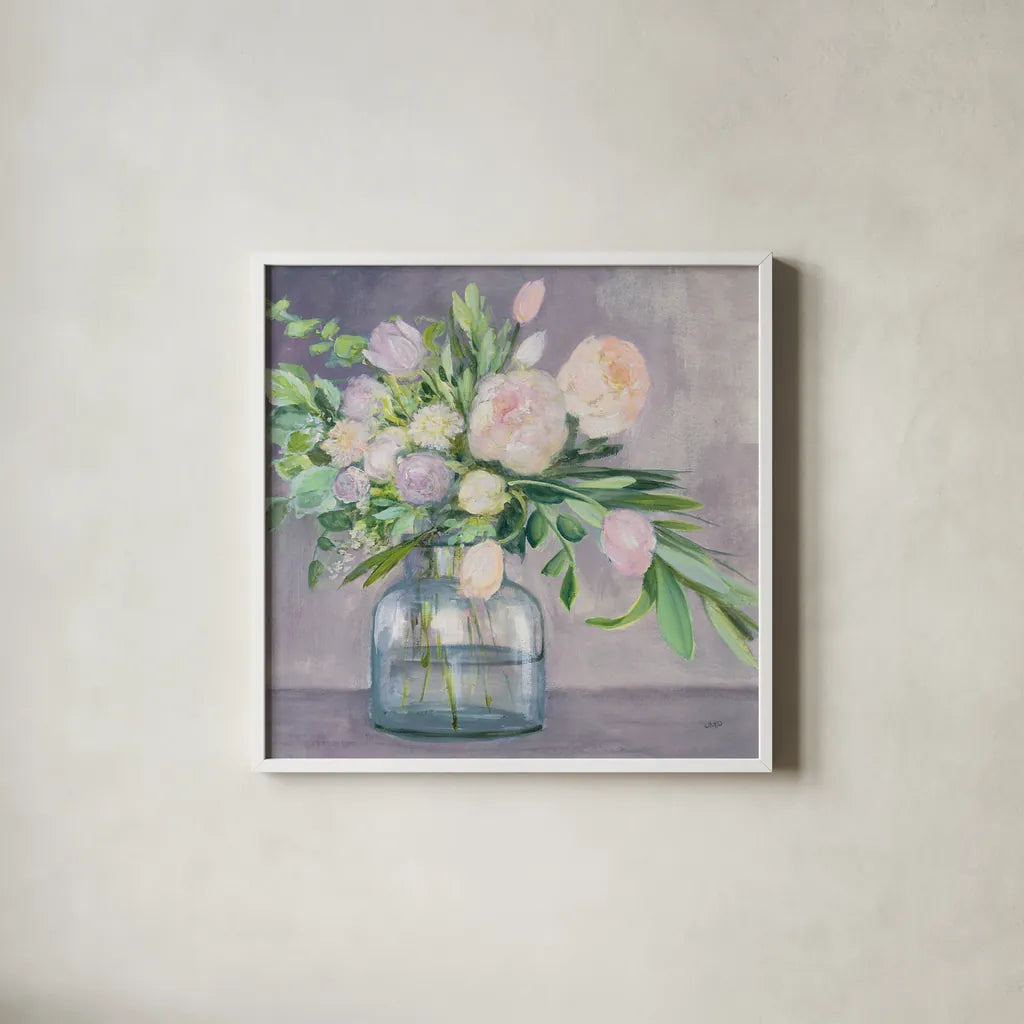 Spring Bouquet Plum Crop by Julia Purinton. Shown in a crisp white glass frame for a clean and minimalist style. Available as an archival giclee rolled canvas, fine art paper, or poster print. SKU 59553a.
