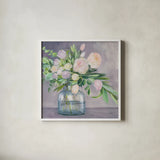 Spring Bouquet Plum Crop by Julia Purinton. Shown in a crisp white glass frame for a clean and minimalist style. Available as an archival giclee rolled canvas, fine art paper, or poster print. SKU 59553a.