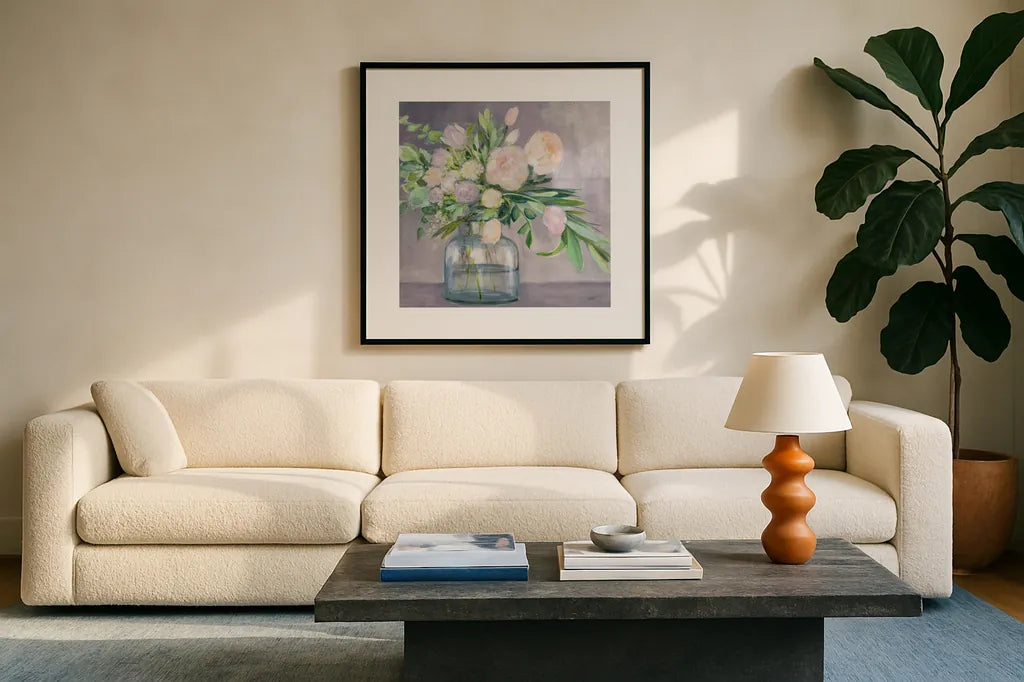 Spring Bouquet Plum Crop by Julia Purinton. Displayed in a glass frame with matte in a clean modern living room. Available as an archival giclee rolled canvas, fine art paper, or poster print. SKU 59553a.