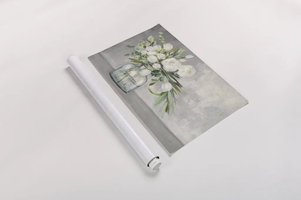 Spring Bouquet White and Gray by Julia Purinton. shown as a rolled paper print. Available as archival giclee rolled canvas, fine art paper, or poster print. SKU 78282i.