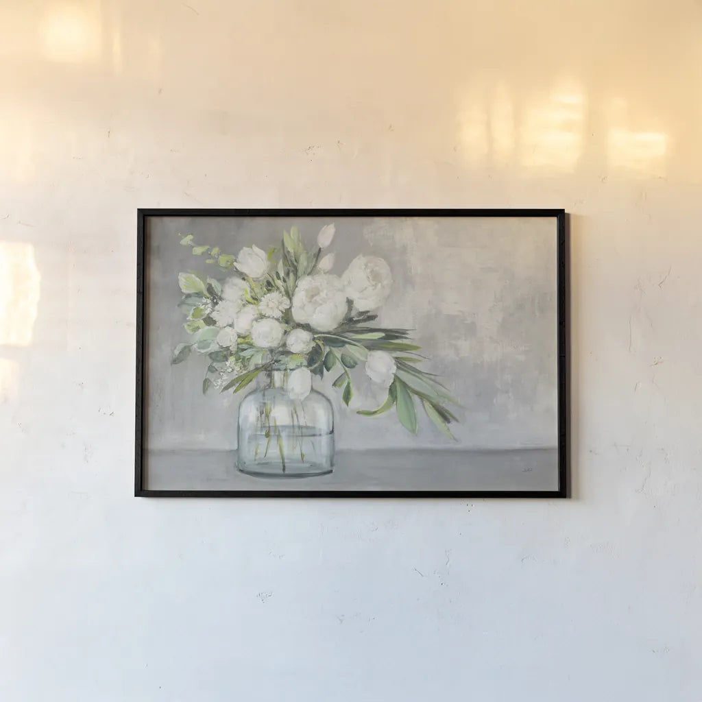 Spring Bouquet White and Gray by Julia Purinton. shown as a paper print in a black flame. Available as a archival giclee rolled canvas, fine art paper, or poster print. SKU 78282i.