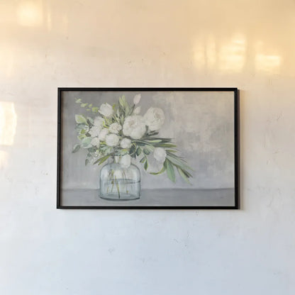 Spring Bouquet White and Gray by Julia Purinton. shown as a paper print in a black flame. Available as a archival giclee rolled canvas, fine art paper, or poster print. SKU 78282i.
