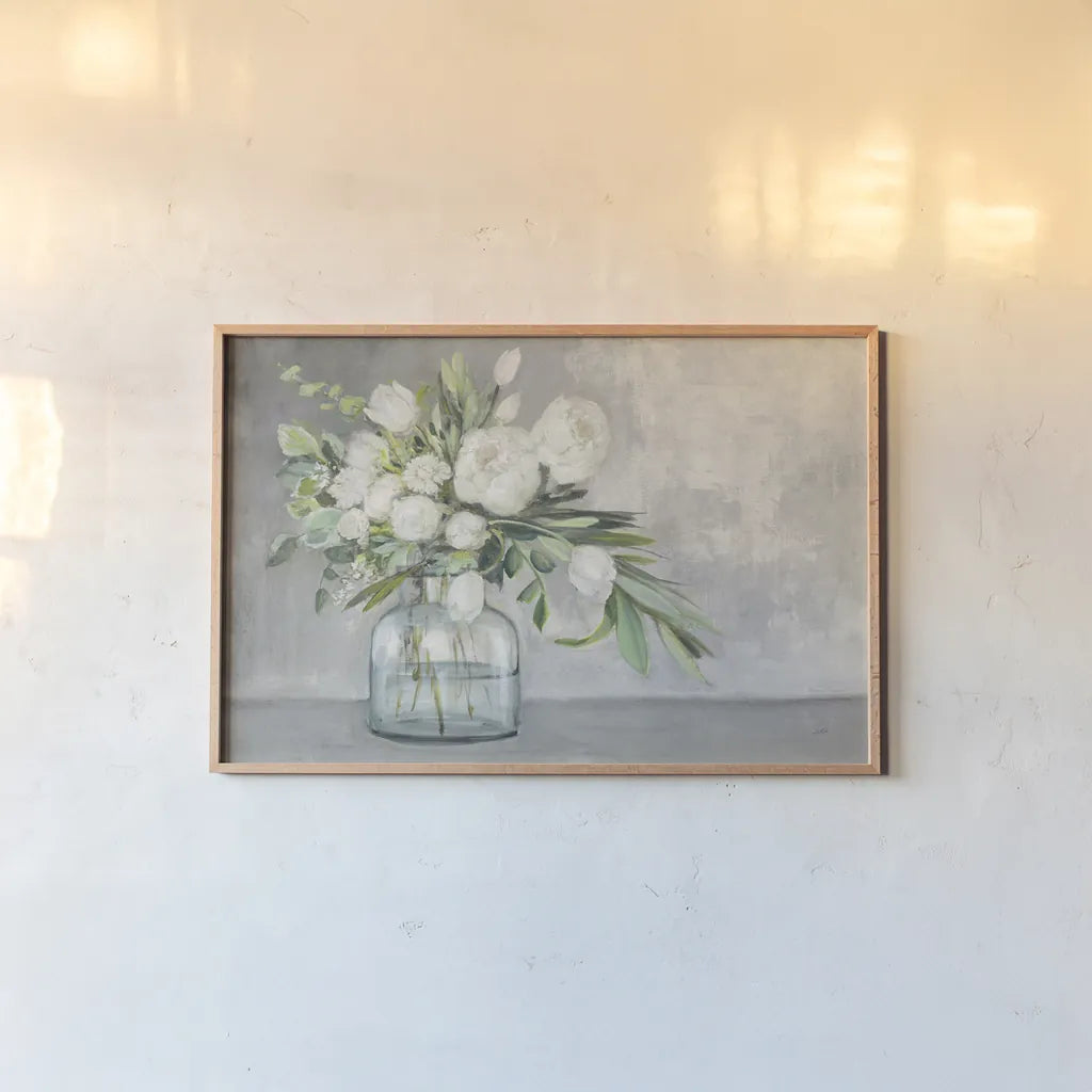 Spring Bouquet White and Gray by Julia Purinton. shown as a paper print in a natural frame. Available as a archival giclee rolled canvas, fine art paper, or poster print. SKU 78282i.