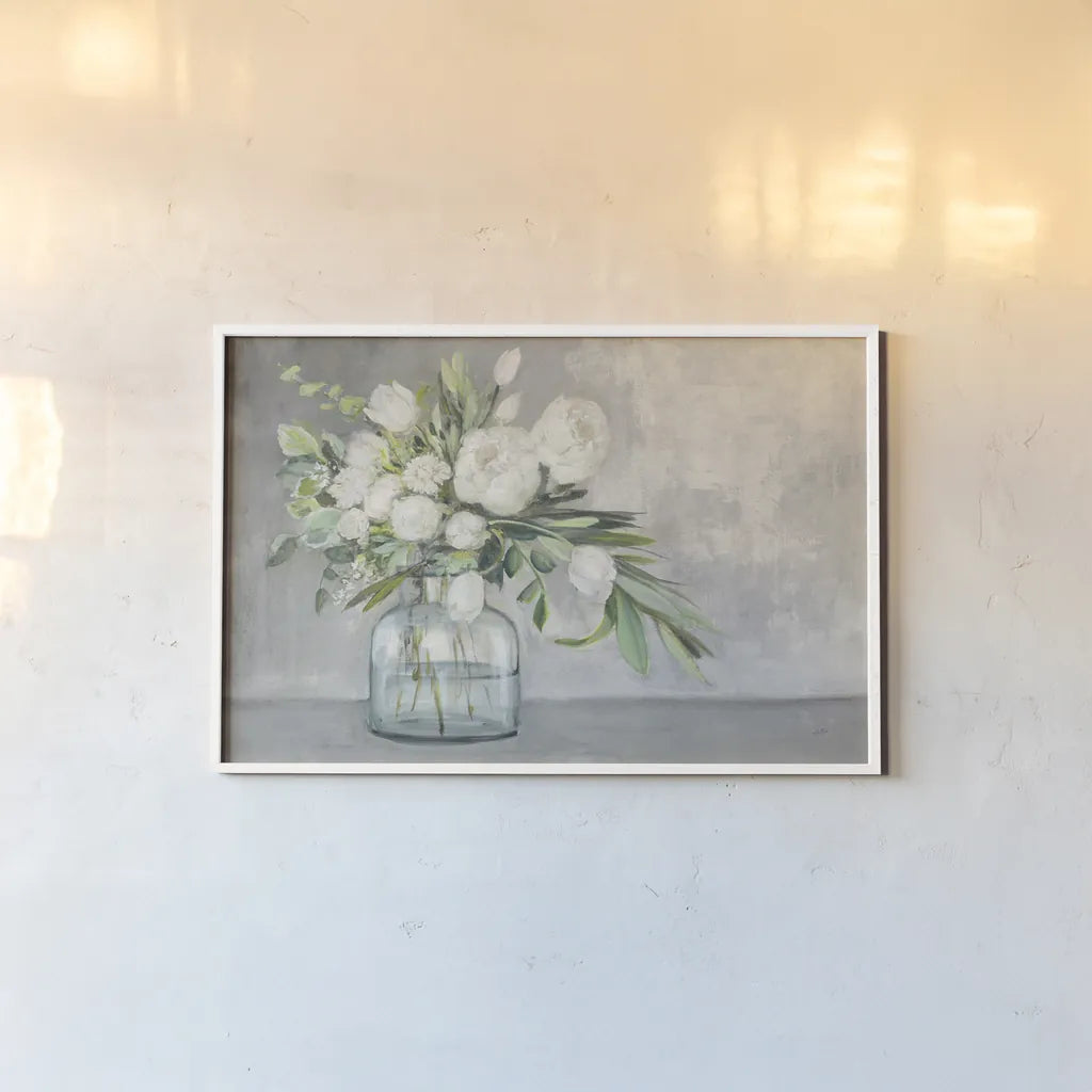 Spring Bouquet White and Gray by Julia Purinton. shown as a paper print in a white frame. Available as a archival giclee rolled canvas, fine art paper, or poster print. SKU 78282i.