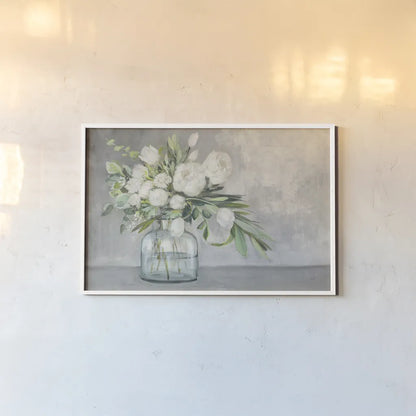 Spring Bouquet White and Gray by Julia Purinton. shown as a paper print in a white frame. Available as a archival giclee rolled canvas, fine art paper, or poster print. SKU 78282i.