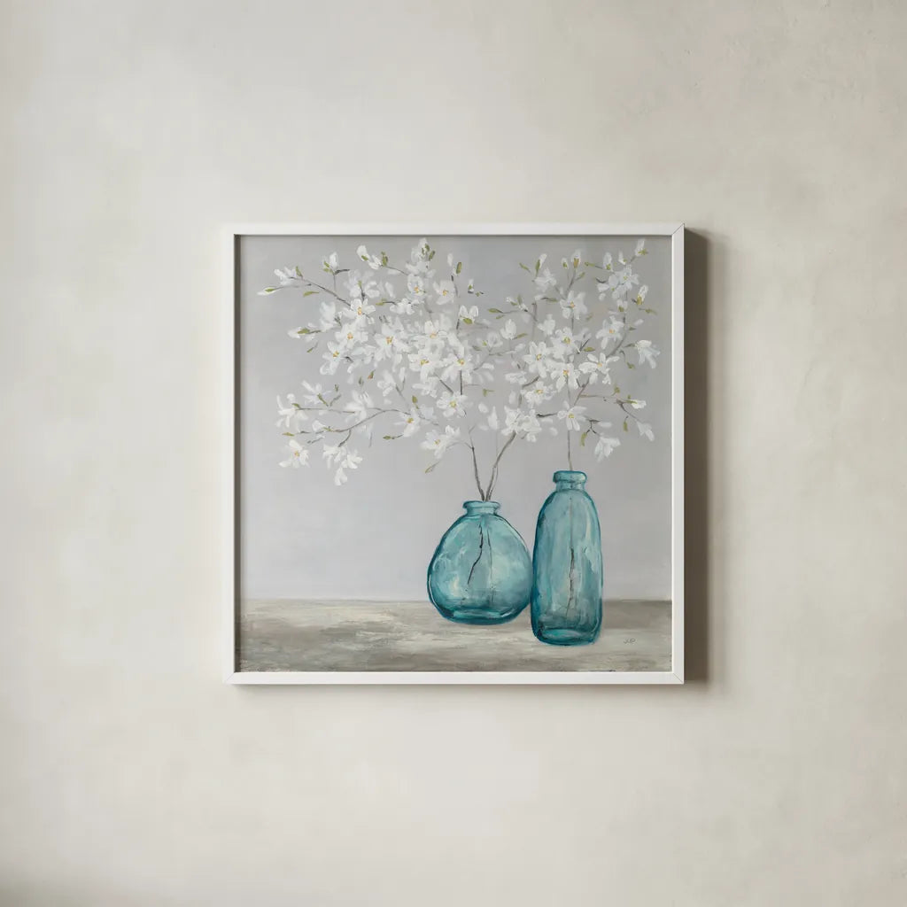 Spring Delight by Julia Purinton. Shown in a crisp white glass frame for a clean and minimalist style. Available as an archival giclee rolled canvas, fine art paper, or poster print. SKU 53865a.