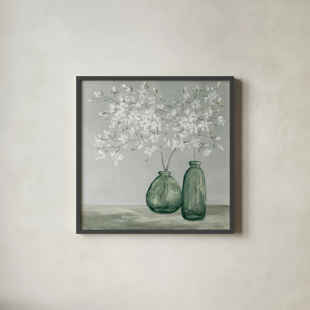 Spring Delight Dark Green by Julia Purinton. Shown in a sleek black glass frame for a contemporary gallery look. Available as an archival giclee rolled canvas, fine art paper, or poster print. SKU 91110a.
