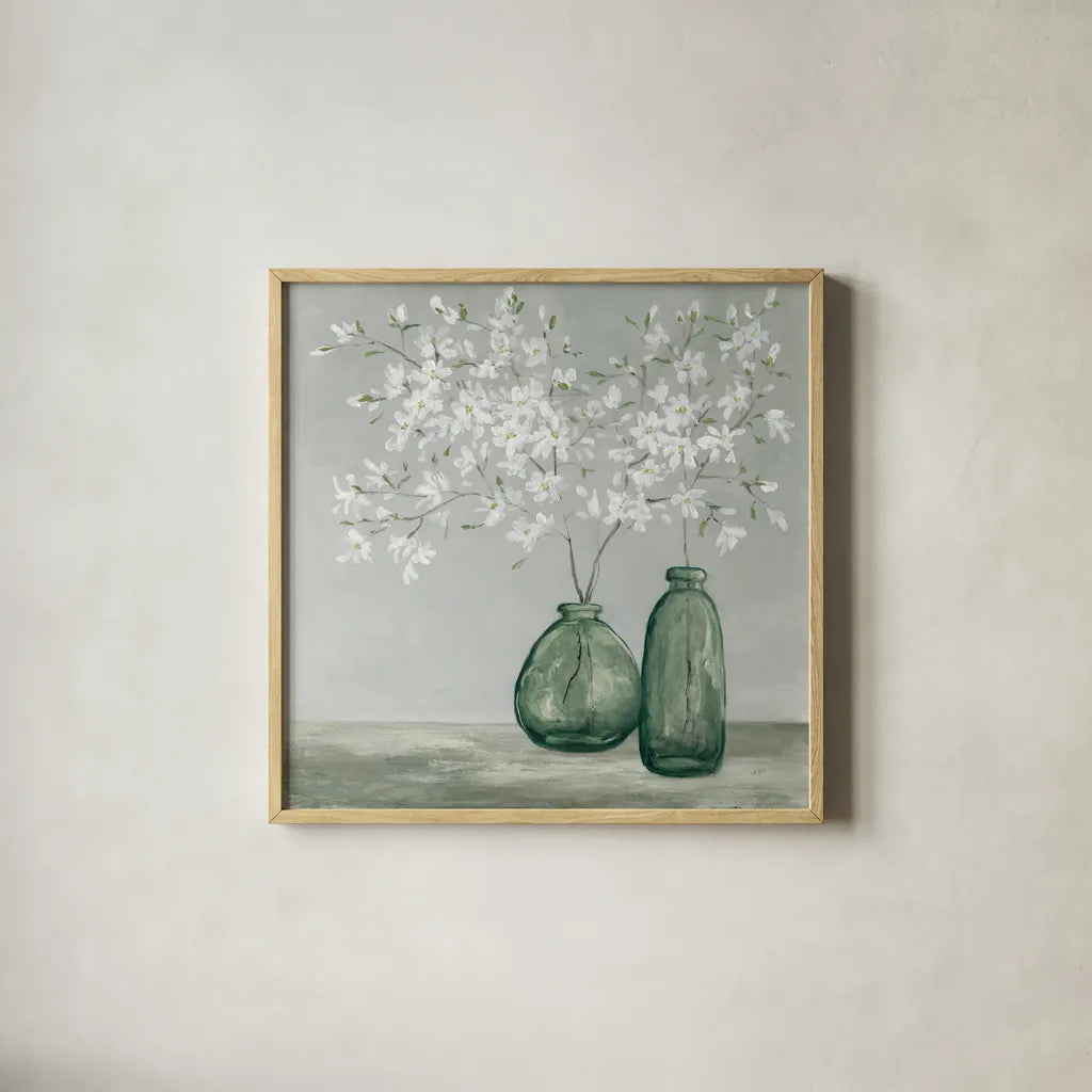 Spring Delight Dark Green by Julia Purinton. Shown in a natural wood glass frame for a timeless modern aesthetic. Available as an archival giclee rolled canvas, fine art paper, or poster print. SKU 91110a.