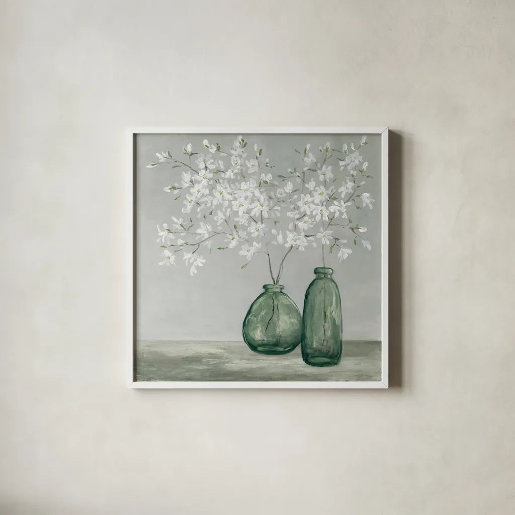 Spring Delight Dark Green by Julia Purinton. Shown in a crisp white glass frame for a clean and minimalist style. Available as an archival giclee rolled canvas, fine art paper, or poster print. SKU 91110a.