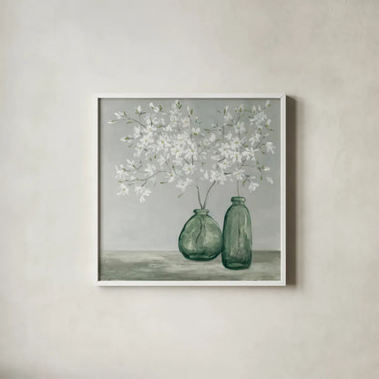 Spring Delight Dark Green by Julia Purinton. Shown in a crisp white glass frame for a clean and minimalist style. Available as an archival giclee rolled canvas, fine art paper, or poster print. SKU 91110a.