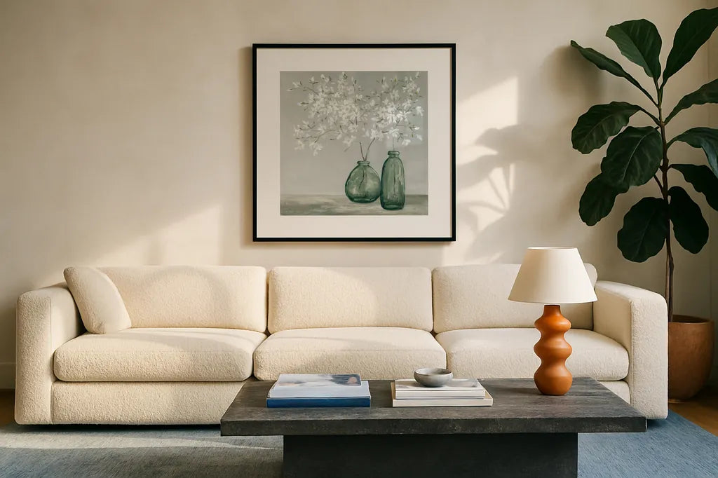 Spring Delight Dark Green by Julia Purinton. Displayed in a glass frame with matte in a clean modern living room. Available as an archival giclee rolled canvas, fine art paper, or poster print. SKU 91110a.