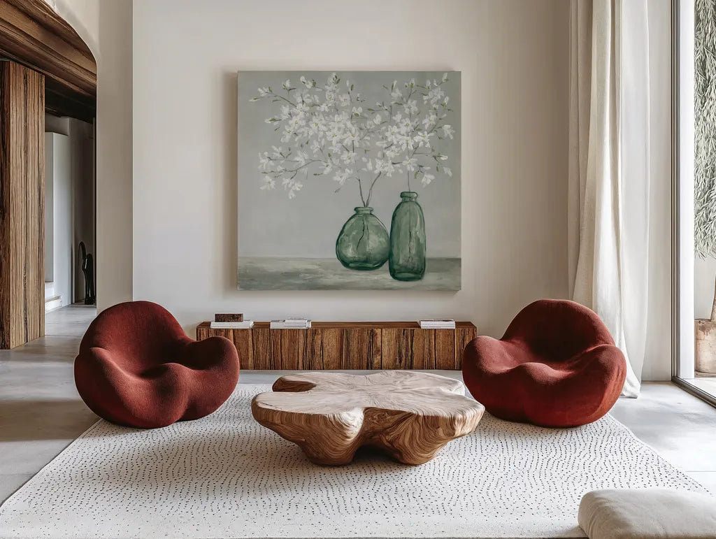 Spring Delight Dark Green by Julia Purinton. Shown as extra-large giant wall art in a modern living room. Available as an archival giclee rolled canvas, fine art paper, or poster print. SKU 91110a.