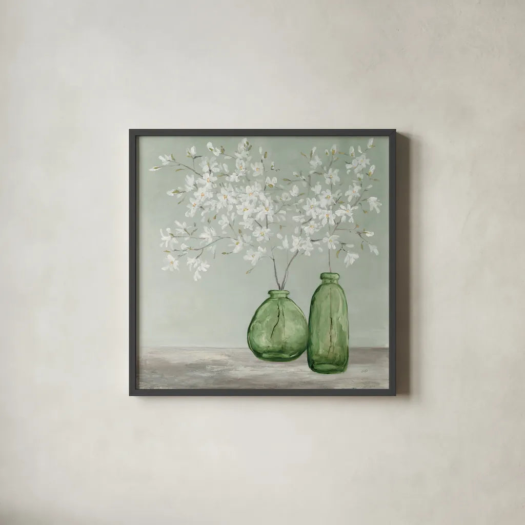 Spring Delight Green by Julia Purinton. Shown in a sleek black glass frame for a contemporary gallery look. Available as an archival giclee rolled canvas, fine art paper, or poster print. SKU 63412a.
