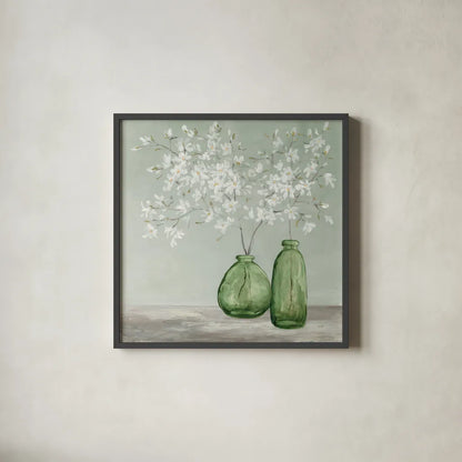 Spring Delight Green by Julia Purinton. Shown in a sleek black glass frame for a contemporary gallery look. Available as an archival giclee rolled canvas, fine art paper, or poster print. SKU 63412a.