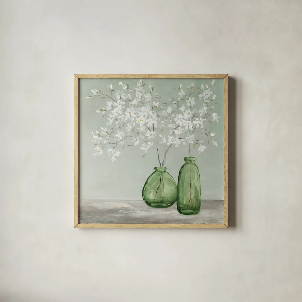 Spring Delight Green by Julia Purinton. Shown in a natural wood glass frame for a timeless modern aesthetic. Available as an archival giclee rolled canvas, fine art paper, or poster print. SKU 63412a.