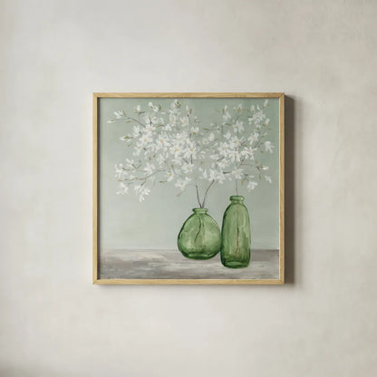 Spring Delight Green by Julia Purinton. Shown in a natural wood glass frame for a timeless modern aesthetic. Available as an archival giclee rolled canvas, fine art paper, or poster print. SKU 63412a.