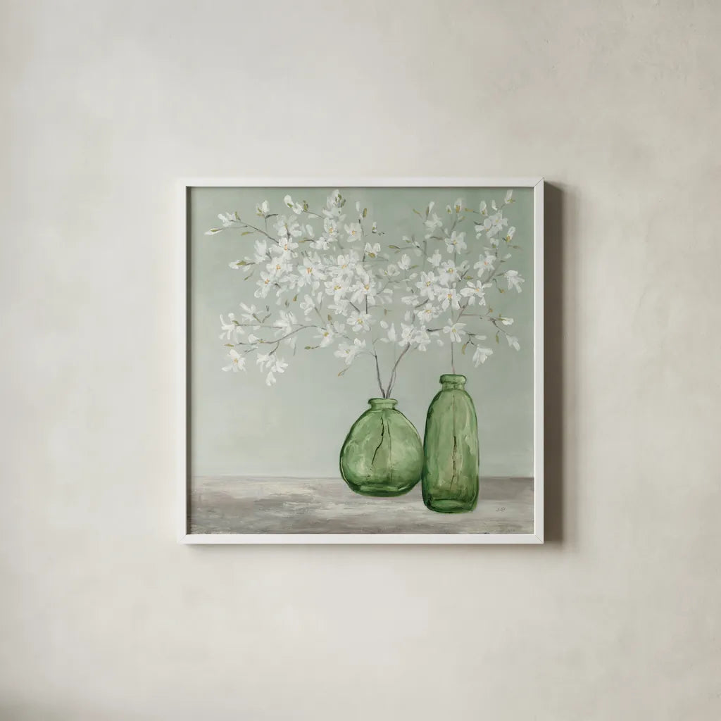 Spring Delight Green by Julia Purinton. Shown in a crisp white glass frame for a clean and minimalist style. Available as an archival giclee rolled canvas, fine art paper, or poster print. SKU 63412a.