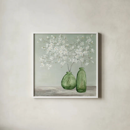 Spring Delight Green by Julia Purinton. Shown in a crisp white glass frame for a clean and minimalist style. Available as an archival giclee rolled canvas, fine art paper, or poster print. SKU 63412a.