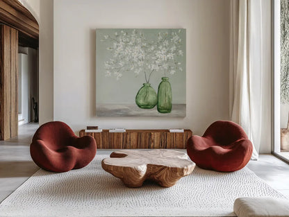 Spring Delight Green by Julia Purinton. Shown as extra-large giant wall art in a modern living room. Available as an archival giclee rolled canvas, fine art paper, or poster print. SKU 63412a.