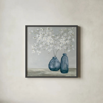 Spring Delight Navy by Julia Purinton. Shown in a sleek black glass frame for a contemporary gallery look. Available as an archival giclee rolled canvas, fine art paper, or poster print. SKU 91109a.