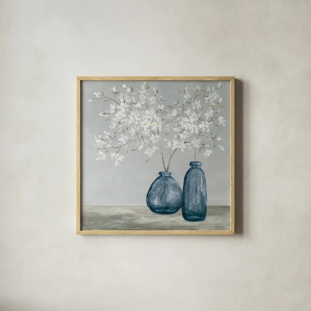 Spring Delight Navy by Julia Purinton. Shown in a natural wood glass frame for a timeless modern aesthetic. Available as an archival giclee rolled canvas, fine art paper, or poster print. SKU 91109a.