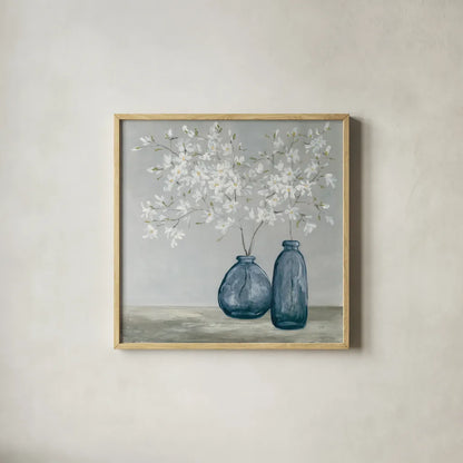Spring Delight Navy by Julia Purinton. Shown in a natural wood glass frame for a timeless modern aesthetic. Available as an archival giclee rolled canvas, fine art paper, or poster print. SKU 91109a.