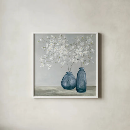 Spring Delight Navy by Julia Purinton. Shown in a crisp white glass frame for a clean and minimalist style. Available as an archival giclee rolled canvas, fine art paper, or poster print. SKU 91109a.