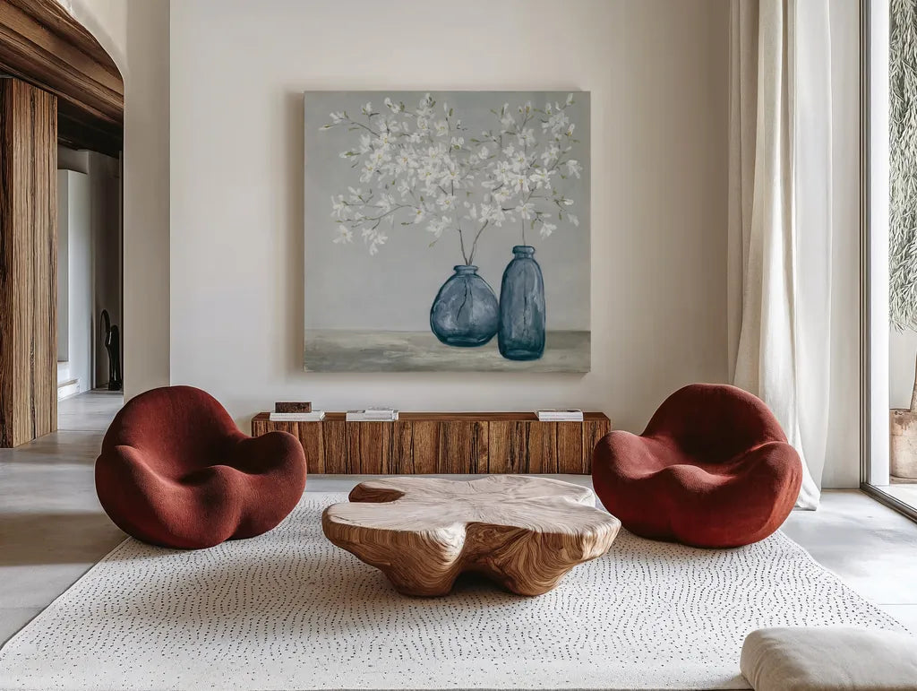 Spring Delight Navy by Julia Purinton. Shown as extra-large giant wall art in a modern living room. Available as an archival giclee rolled canvas, fine art paper, or poster print. SKU 91109a.