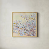 Spring Dogwood I by Julia Purinton. Shown in a natural wood glass frame for a timeless modern aesthetic. Available as an archival giclee rolled canvas, fine art paper, or poster print. SKU 18082a.