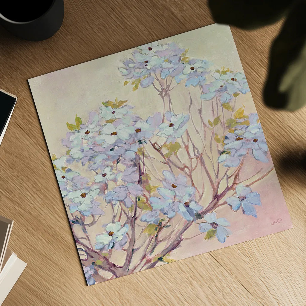 Spring Dogwood II by Julia Purinton. Shown as a detailed flat fine art print, highlighting archival giclee quality. Available as an archival giclee rolled canvas, fine art paper, or poster print. SKU 18083a.