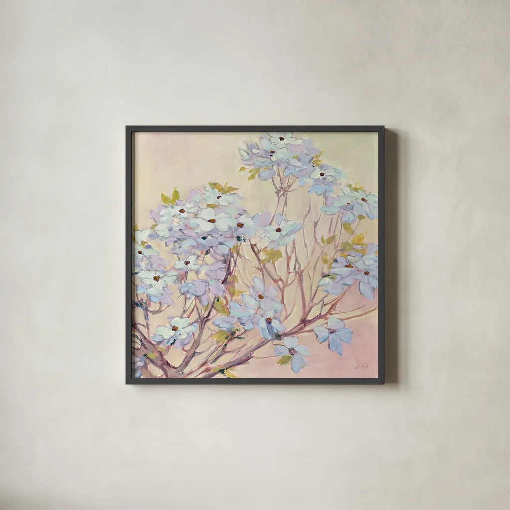Spring Dogwood II by Julia Purinton. Shown in a sleek black glass frame for a contemporary gallery look. Available as an archival giclee rolled canvas, fine art paper, or poster print. SKU 18083a.