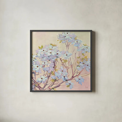 Spring Dogwood II by Julia Purinton. Shown in a sleek black glass frame for a contemporary gallery look. Available as an archival giclee rolled canvas, fine art paper, or poster print. SKU 18083a.