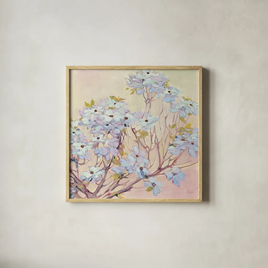 Spring Dogwood II by Julia Purinton. Shown in a natural wood glass frame for a timeless modern aesthetic. Available as an archival giclee rolled canvas, fine art paper, or poster print. SKU 18083a.