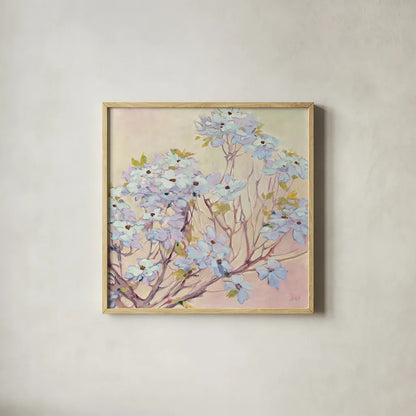 Spring Dogwood II by Julia Purinton. Shown in a natural wood glass frame for a timeless modern aesthetic. Available as an archival giclee rolled canvas, fine art paper, or poster print. SKU 18083a.
