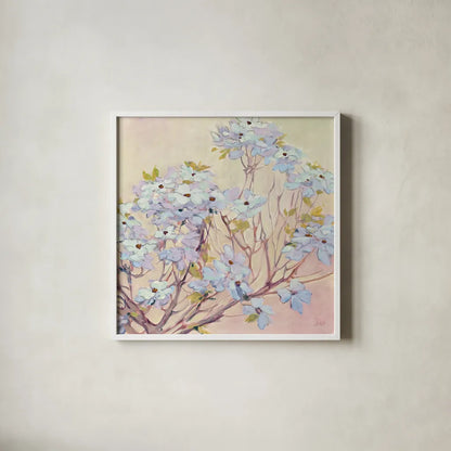 Spring Dogwood II by Julia Purinton. Shown in a crisp white glass frame for a clean and minimalist style. Available as an archival giclee rolled canvas, fine art paper, or poster print. SKU 18083a.