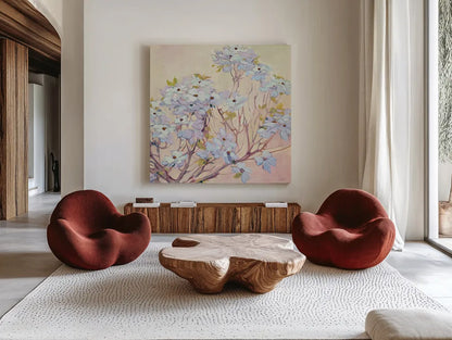 Spring Dogwood II by Julia Purinton. Shown as extra-large giant wall art in a modern living room. Available as an archival giclee rolled canvas, fine art paper, or poster print. SKU 18083a.