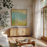 Spring Fling I by Julia Purinton. Shown in a natural wood frame in a cozy modern living room. Available as an archival giclee rolled canvas, fine art paper, or poster print. SKU 23806a.