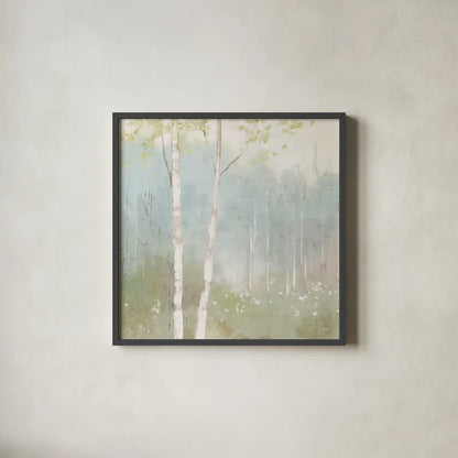 Spring Fling I Cool by Julia Purinton. Shown in a sleek black glass frame for a contemporary gallery look. Available as an archival giclee rolled canvas, fine art paper, or poster print. SKU 30211a.