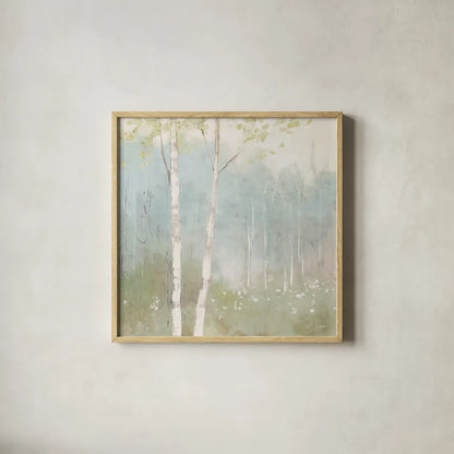 Spring Fling I Cool by Julia Purinton. Shown in a natural wood glass frame for a timeless modern aesthetic. Available as an archival giclee rolled canvas, fine art paper, or poster print. SKU 30211a.