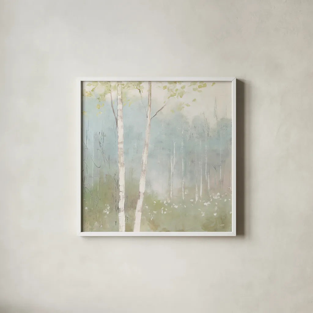 Spring Fling I Cool by Julia Purinton. Shown in a crisp white glass frame for a clean and minimalist style. Available as an archival giclee rolled canvas, fine art paper, or poster print. SKU 30211a.