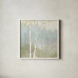 Spring Fling I Cool by Julia Purinton. Shown in a crisp white glass frame for a clean and minimalist style. Available as an archival giclee rolled canvas, fine art paper, or poster print. SKU 30211a.